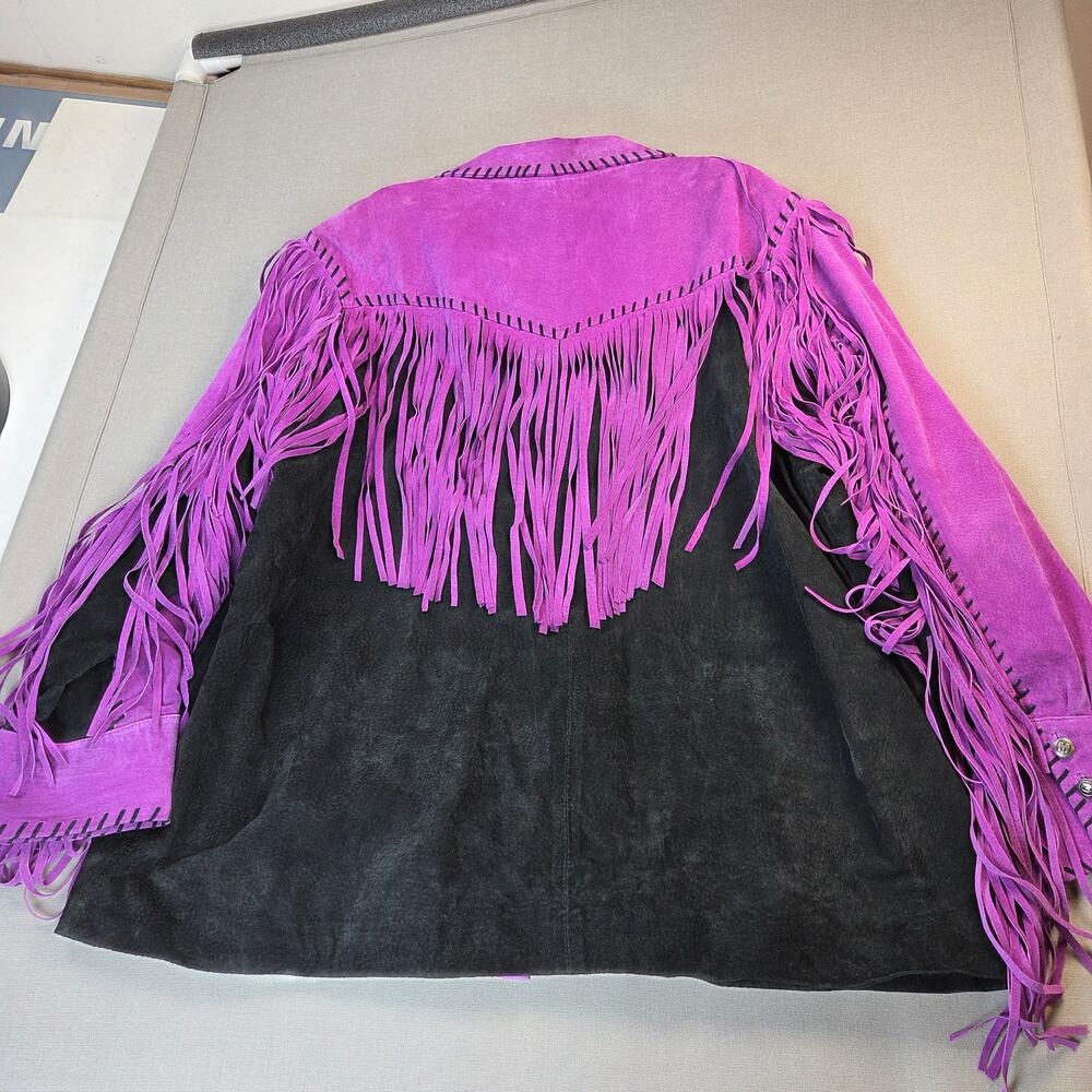 Bob Mackie Wearable Art 2X Leather Fringe Western Jacket Purple Black - Picture 9 of 16